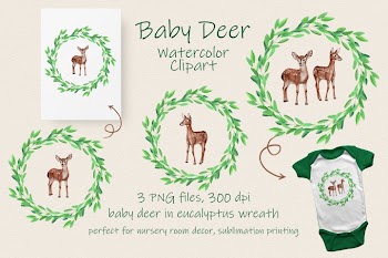 Baby Deer Watercolor Clipart - 3 PNG sublimation files