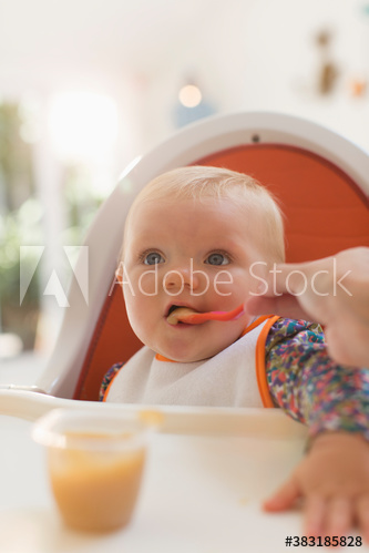 Baby girl being fed in high chair
