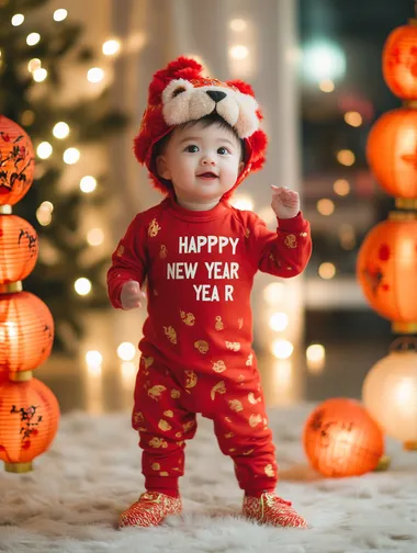 Baby in red lion hat and shoes celebrates New Year in cozy setting Baby in red lion hat and shoes celebrates New Year in cozy setting