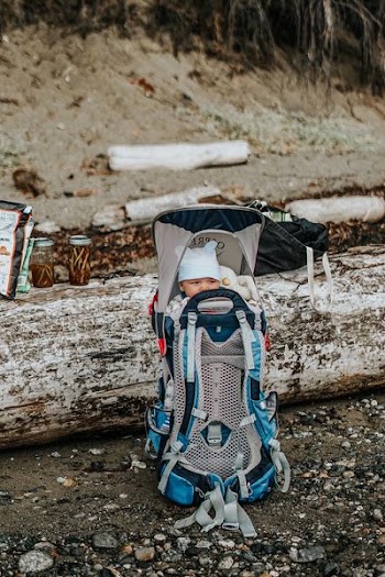 baby's teal and black hiking backpack carrier