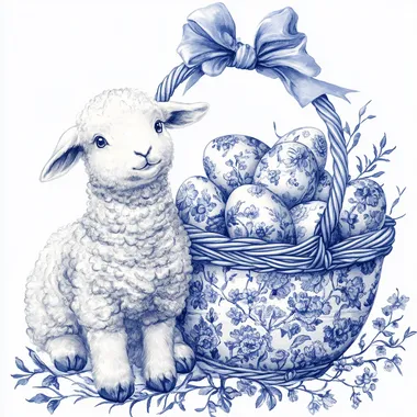 Baby sheep beside a woven basket of blue and white Easter eggs Baby sheep beside a woven basket of blue and white Easter eggs