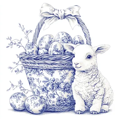 Baby sheep beside woven basket of Chinoiserie Easter eggs in garden Baby sheep beside woven basket of Chinoiserie Easter eggs in garden