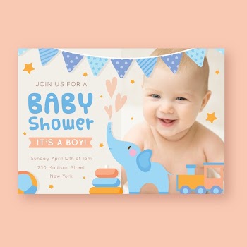 Baby shower invitation template with photo Free Vector
