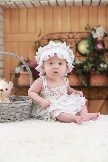 Baby Wearing White Headband and White Lace Floral Dress Sitting Beside Gray Wicker Basket