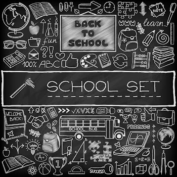 Back to School concept. Doodle graphic design elements. Hand drawn education icons set with blackboard, school bus and supplies, puzzle, thumb up and more. Black chalkboard effect. Vector Illustration