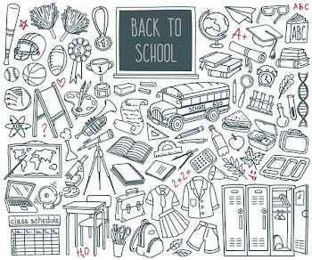 Back to School doodle set. Various school stuff - supplies for sport, art, reading, science, geography, biology, physics, mathematics, astronomy, chemistry. Vector isolated over white background.