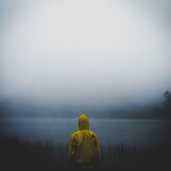 Back view Photo of Person Wearing Yellow Hooded Jacket Standing near Body of Water