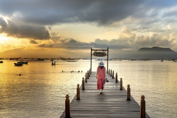 Back View Photo of Woman in Pink Outfit and Sun Hat Walking on Wooden Dock Over Lake While Carrying a Dslr Camera