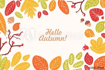 Background or backdrop with frame or border made of fallen dried leaves, acorns, cones, berries and Hello Autumn phrase written with cursive calligraphic font