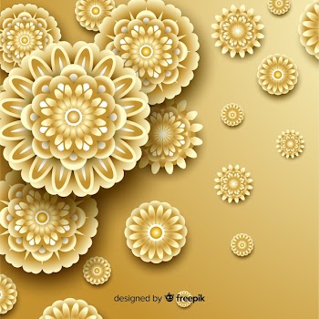 Background with 3d golden flowers, islamic design Free Vector