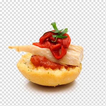 Baked bread with tuna and red bell pepper on top, Wine Tapas Beer Pincho Piquillo pepper, jamon transparent background PNG clipart