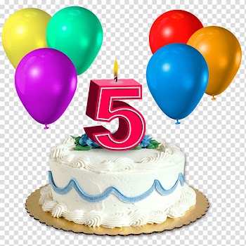 Baked cake with number 5 candle and balloons art, Birthday cake Wish Happy Birthday to You Anniversary, 5 transparent background PNG clipart