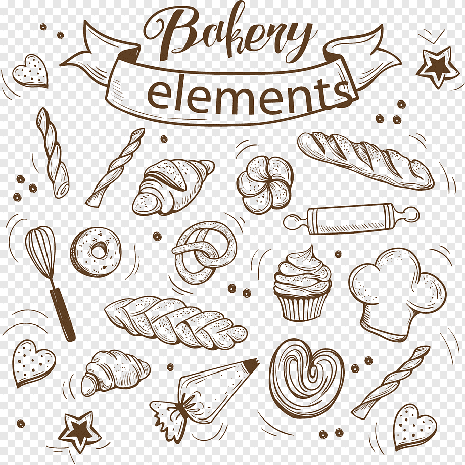 Bakery Cupcake Bread Baking, sketch bakery elements and tableware, food, text, pin png