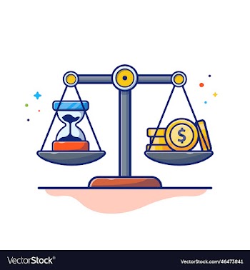 balance scale with hourglass and gold coin cartoon