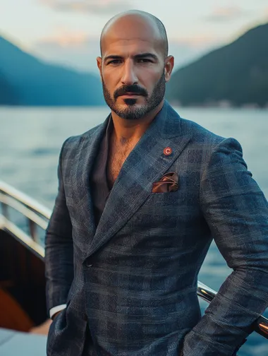 Bald Turkish Man in Suit Poses on Luxury Boat in Turkey - PNG