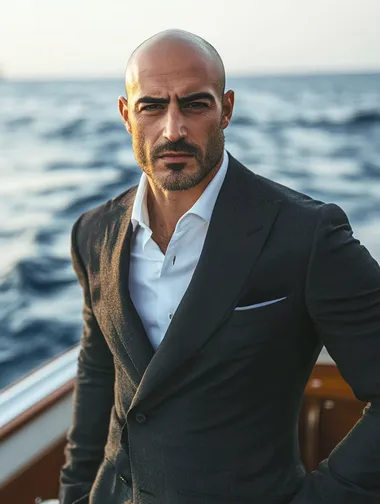 Bald Turkish Man in Suit Posing on Luxury Boat in Istanbul, PNG