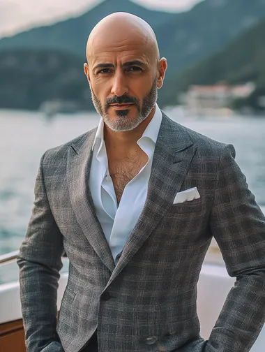 Bald Turkish Man in Suit Posing on Luxury Boat in Istanbul, PNG