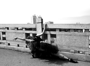 Ballerina Performing Beside Safety Fence Grayscale Photo
