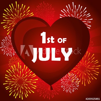 balloon heart with first of july message and fireworks