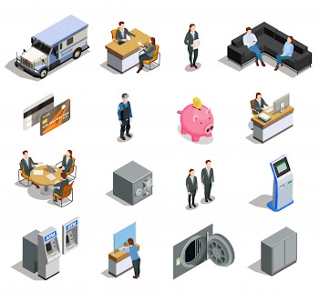 Bank elements isometric icon set Free Vector