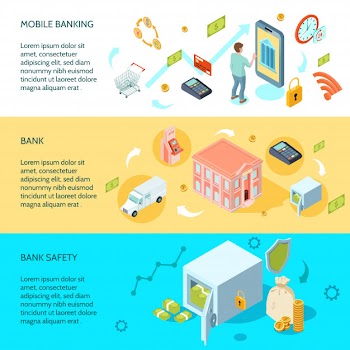 Bank horizontal isometric banners Free Vector