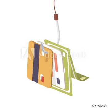 Banking card and cash money hang on fishing hook vector graphic illustration