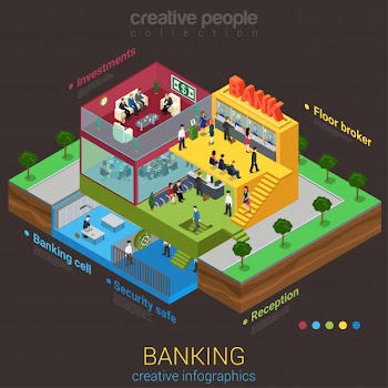 Banking concept bank building floors interior departments flat isometric  . Free Vector