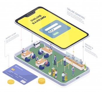 Banking financial isometric composition with conceptual image of phone with bank branch interior people and text vector illustration Free Vector