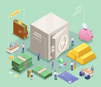 Banking financial isometric composition with infographic text captions and images of cash and safe deposit box vector illustration Free Vector