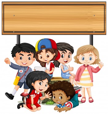 Banner with children under wooden board Free Vector