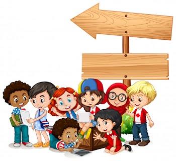 Banner with children with tablets Free Vector