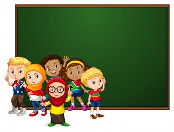 Banner with many kids by the board Free Vector