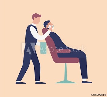 Barber putting foam and shaving young man sitting on chair