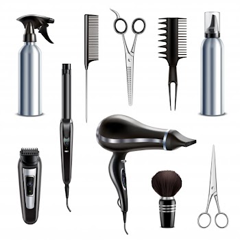 Barber shop hairdresser styling tools realistic collection with hairdryer scissors trimmer clipper shaving brush isolated vector illustration Free Vector