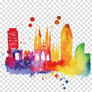 Barcelona Skyline Watercolor painting Cityscape, multicolored castle transparent background PNG clipart