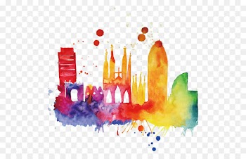 Barcelona Skyline Watercolor painting Cityscape - Vector multicolored castle 