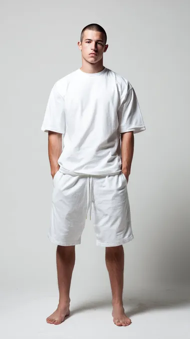 Barefoot Male Model in White Tracksuit Barefoot Male Model in White Tracksuit