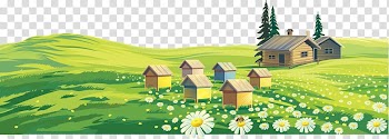 Barn and houses art, Bee Landscape painting Farm, Cartoon houses painted green grass flowers trees transparent background PNG clipart