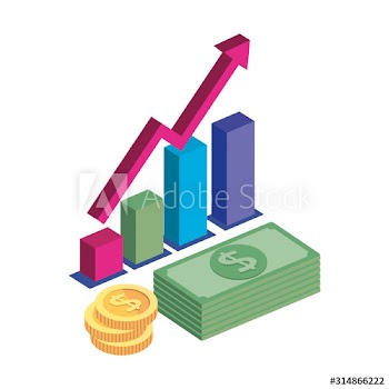 bars statistical with pile coins and stack bills design