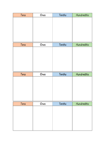 Basic Maths Pack: Printable Place Value Grids, Hundredths Grids ...
