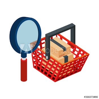 basket shopping with magnifying glass and boxes packages design