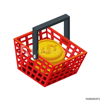 basket shopping with pile coins design