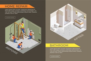 Bathroom before and after construction work Free Vector