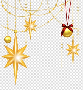 Bauble and natal star ornament illustration, Star of Bethlehem Christmas , Christmas Gold Stars and Ornament transparent background PNG clipart