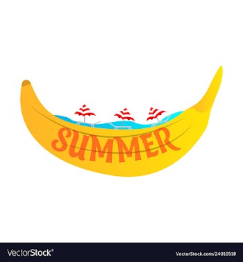 Beach banana banana boat in the sea with umbrellas vector image