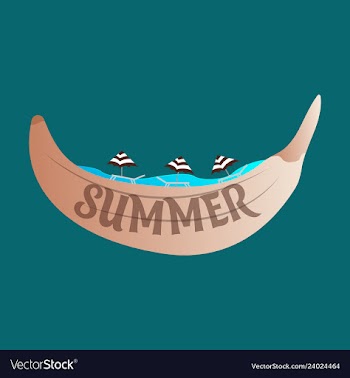 Beach banana banana boat in the sea with umbrellas vector image