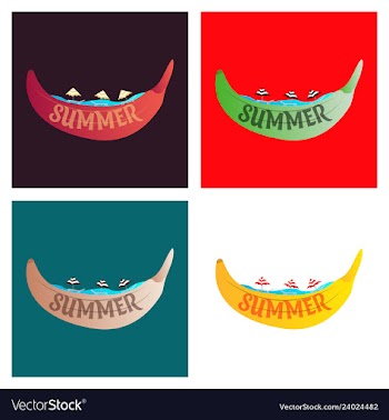 Beach banana banana boat in the sea with umbrellas vector image
