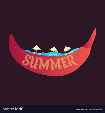 Beach banana banana boat in the sea with umbrellas vector image