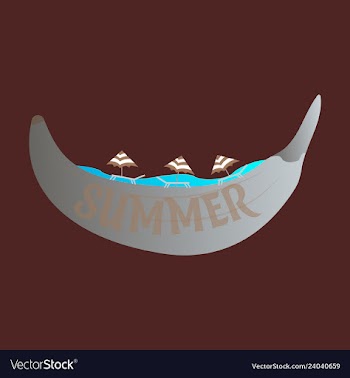 Beach banana banana boat in the sea with umbrellas vector image