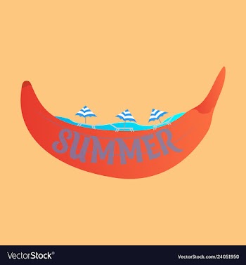 Beach banana banana boat in the sea with umbrellas vector image